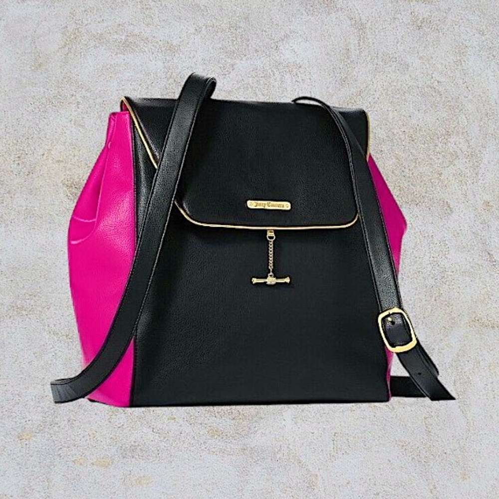 Juicy Couture Women’s Expandable Faux Leather Backpack Tote Bag Black/Pink/Gold